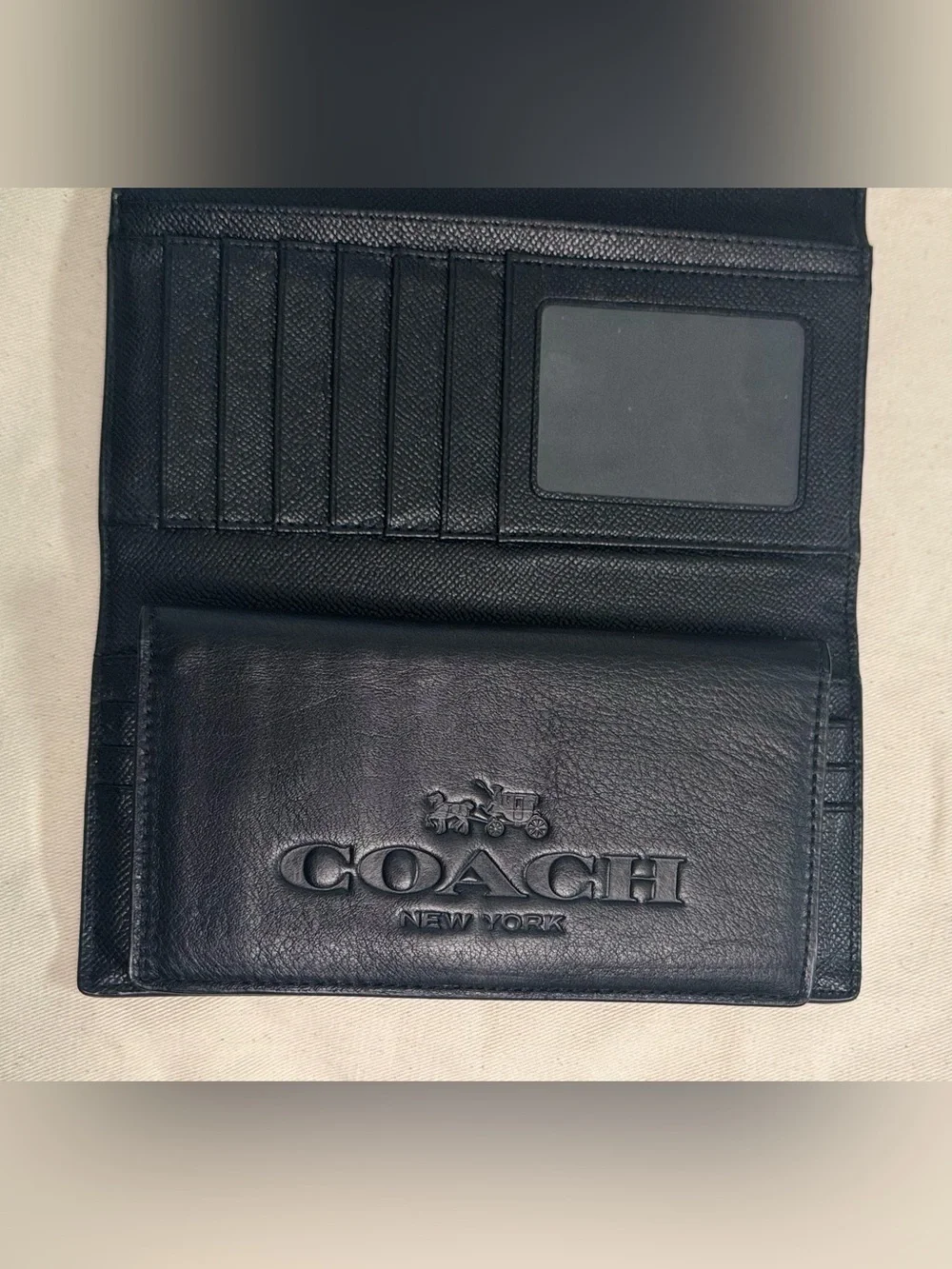 Vintage Coach New York Black Leather Trifold Wallet with Checkbook Cover